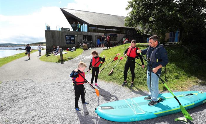 Getting ready for paddle boarding at Llyn Brenig